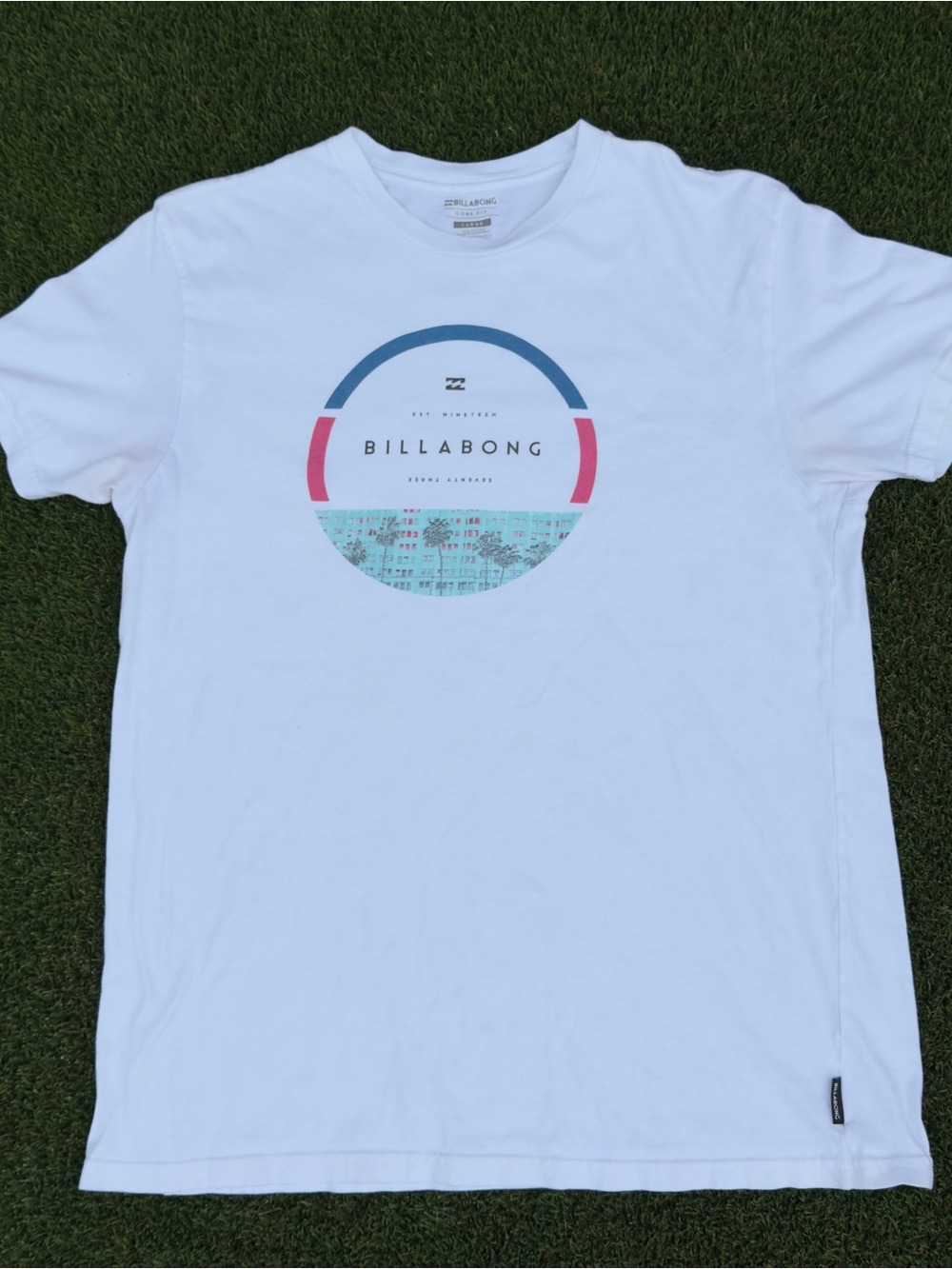 Billabong White Short-Sleeve Tee with Blue and Pink Graphic